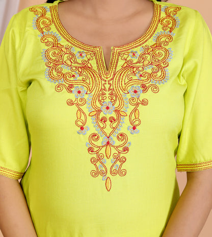 Women's Lime Yellow Embroidered Kurta Set in 100% Liva Viscose Rayon Staple – 3-Piece Ethnic Set with Palazzo & Dupatta