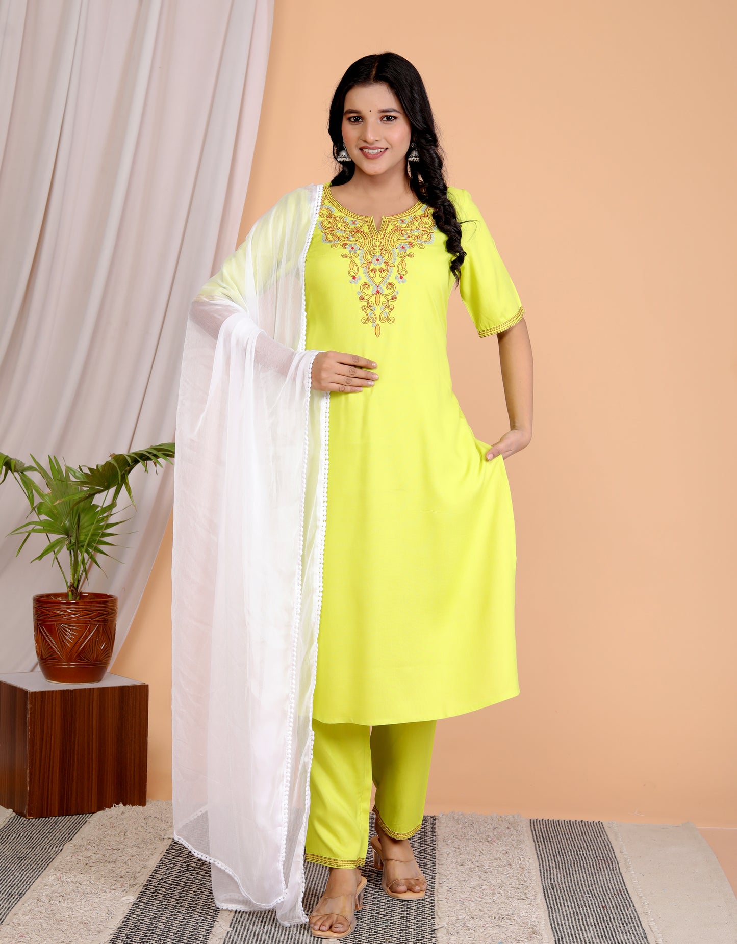 Women's Lime Yellow Embroidered Kurta Set in 100% Liva Viscose Rayon Staple – 3-Piece Ethnic Set with Palazzo & Dupatta