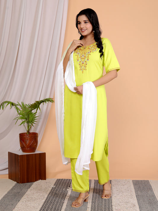 Women's Lime Yellow Embroidered Kurta Set in 100% Liva Viscose Rayon Staple – 3-Piece Ethnic Set with Palazzo & Dupatta