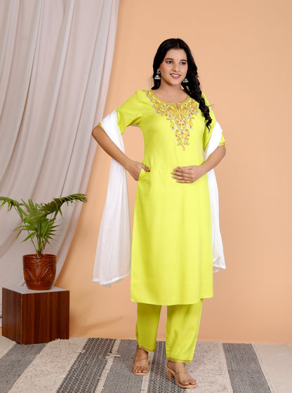 Women's Lime Yellow Embroidered Kurta Set in 100% Liva Viscose Rayon Staple – 3-Piece Ethnic Set with Palazzo & Dupatta