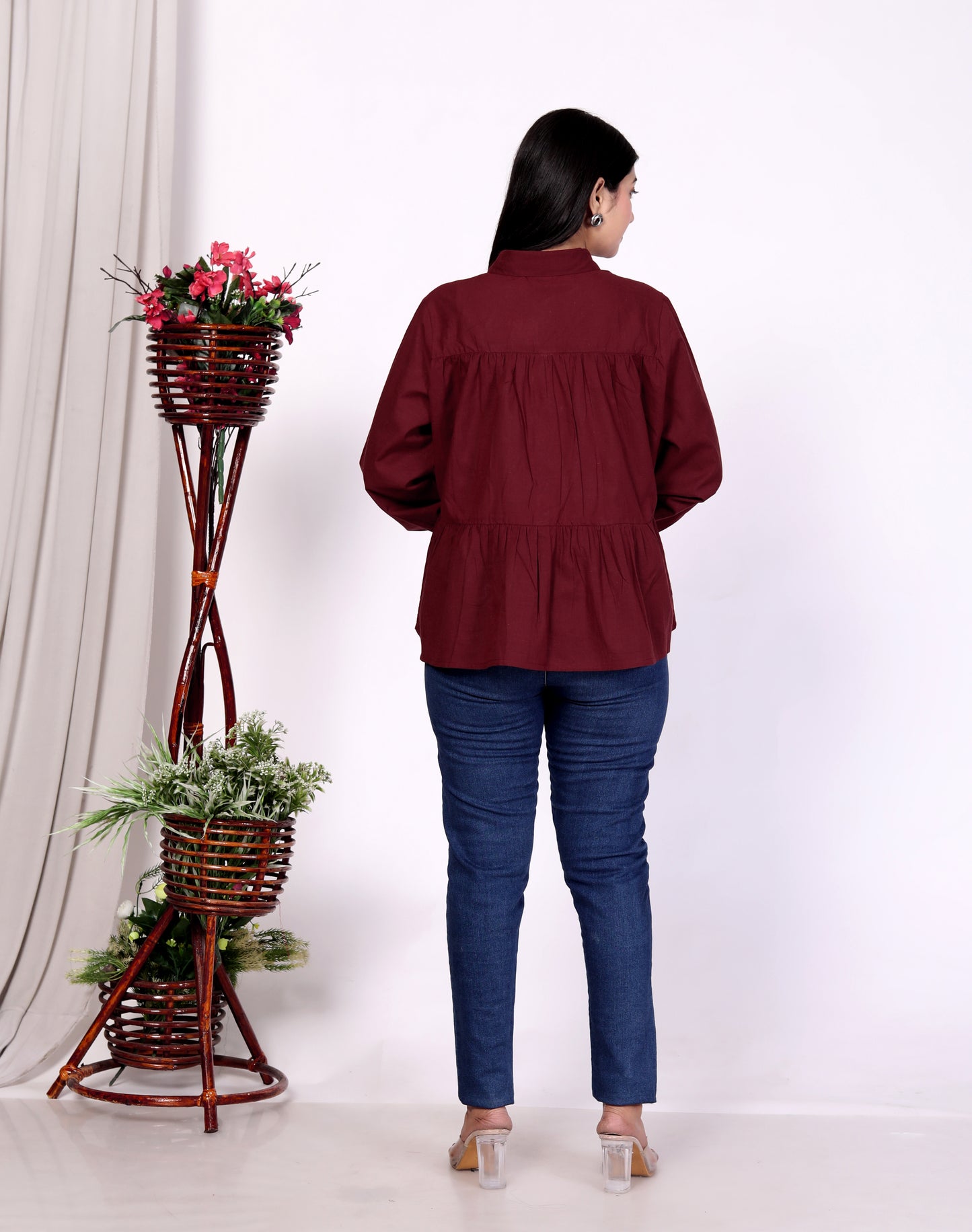 Maroon Women’s Cotton Cambric Gathered Peplum Shirt – Sakura