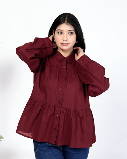 Maroon Women’s Cotton Cambric Gathered Peplum Shirt – Sakura