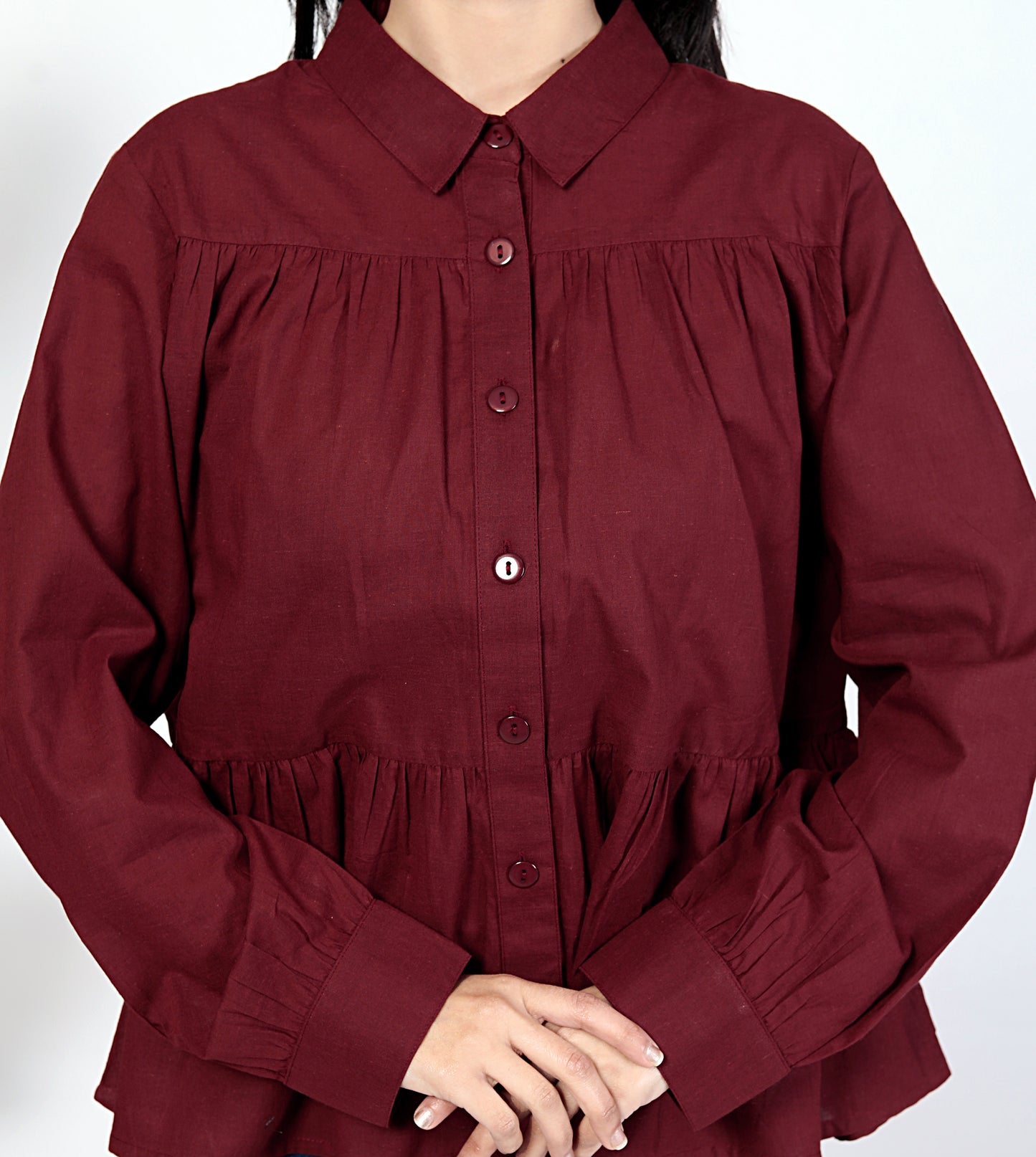 Maroon Women’s Cotton Cambric Gathered Peplum Shirt – Sakura