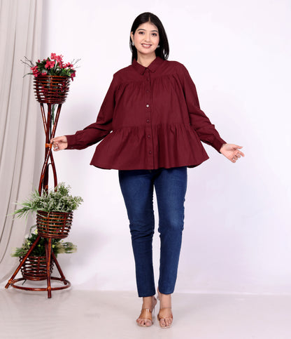 Maroon Women’s Cotton Cambric Gathered Peplum Shirt – Sakura