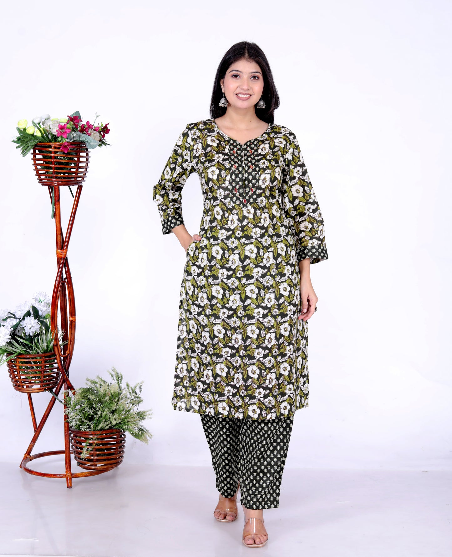 Sakura Mint Green Cambric Cotton Kurta & Palazzo Set with Handwork Embroidery