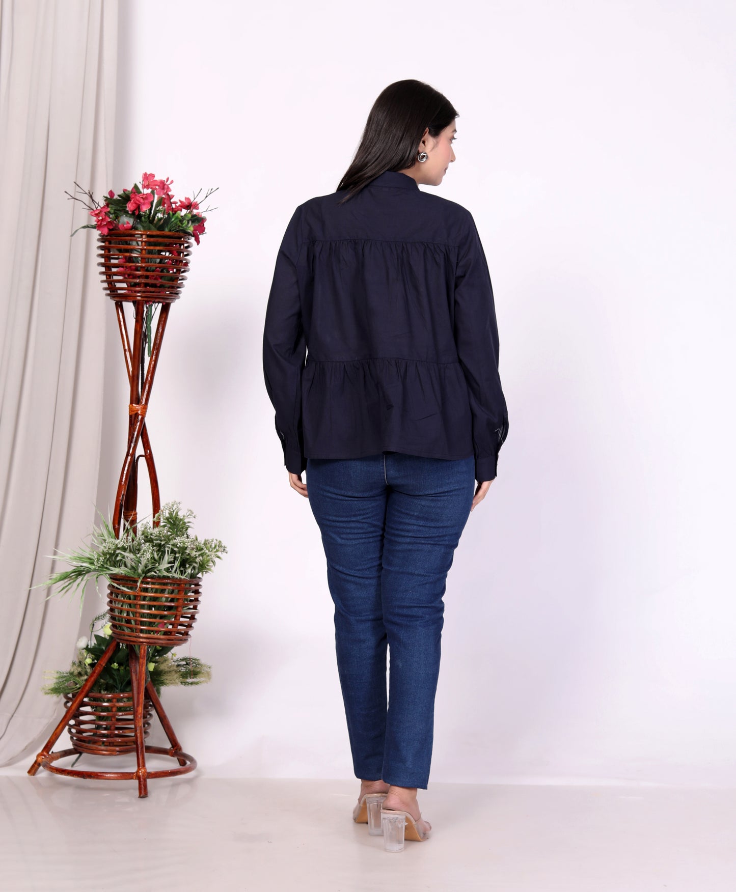 Navy Blue Women’s Cotton Cambric Gathered Peplum Shirt – Sakura