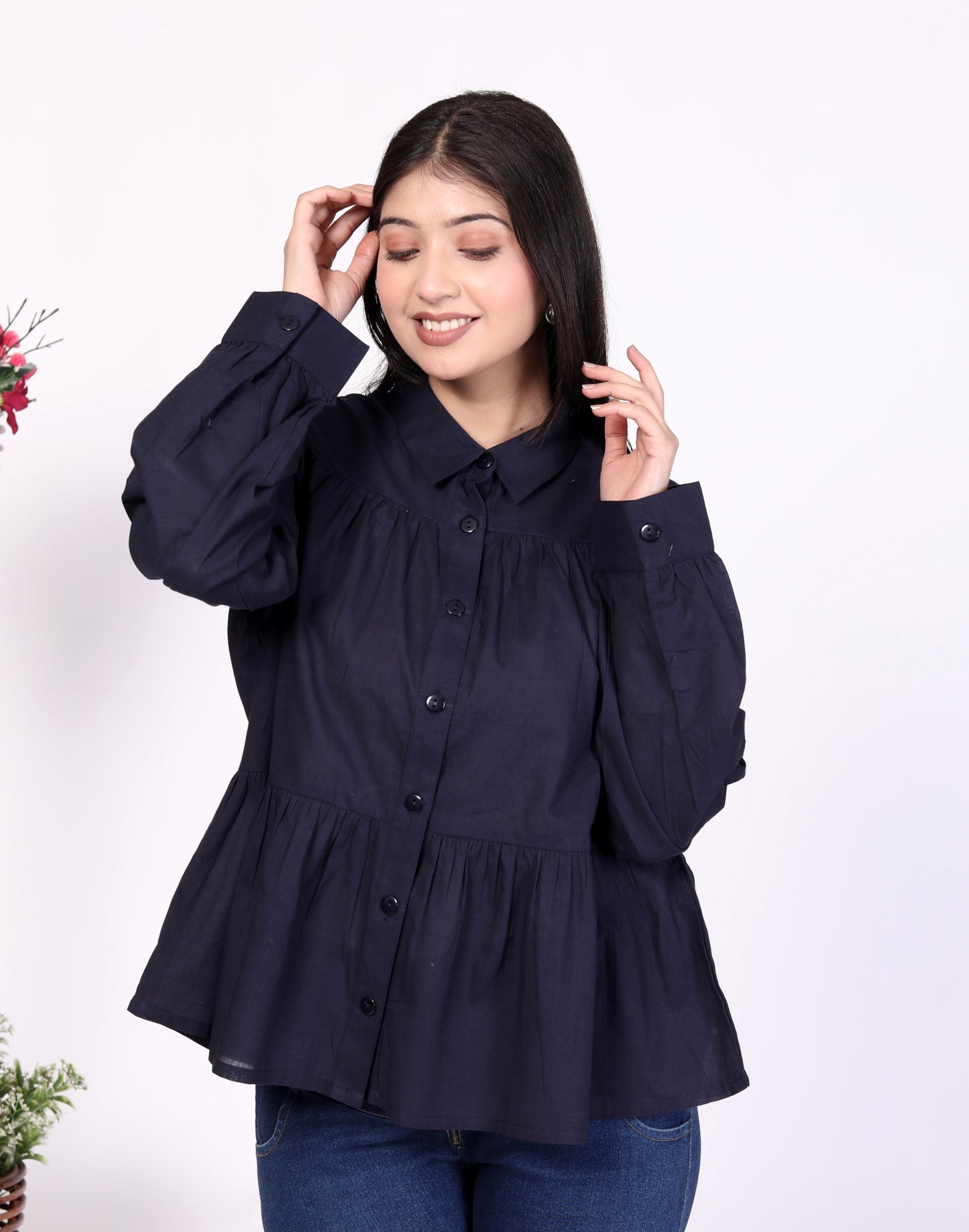 Navy Blue Women’s Cotton Cambric Gathered Peplum Shirt – Sakura