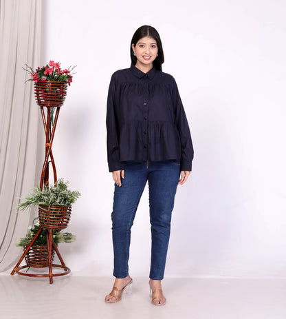 Navy Blue Women’s Cotton Cambric Gathered Peplum Shirt – Sakura