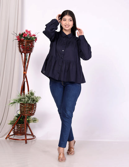 Navy Blue Women’s Cotton Cambric Gathered Peplum Shirt – Sakura