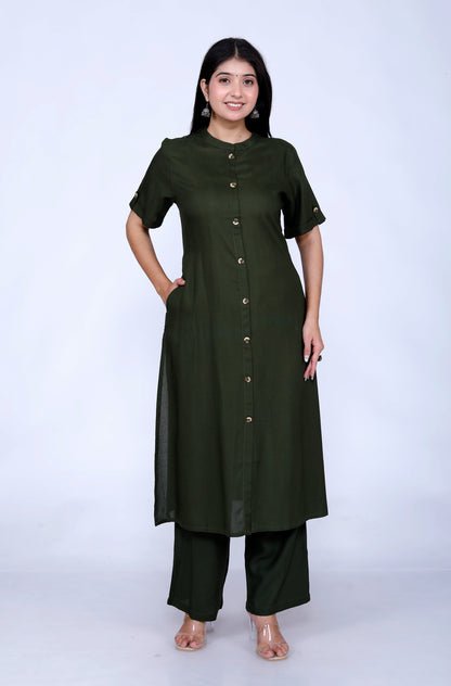 Sakura Olive Co-Ord Set with Pocket Kurta & Palazzo