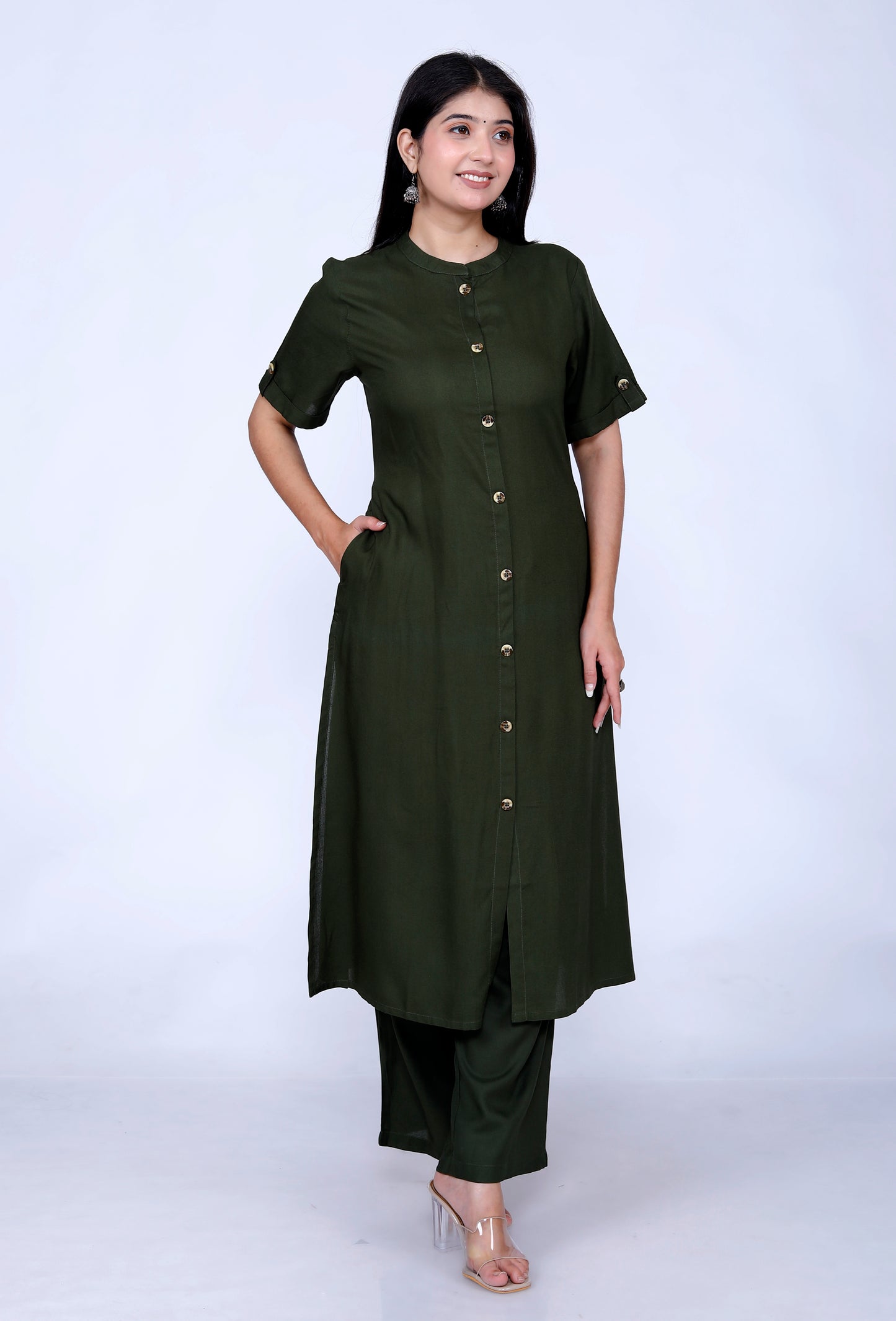 Sakura Olive Co-Ord Set with Pocket Kurta & Palazzo