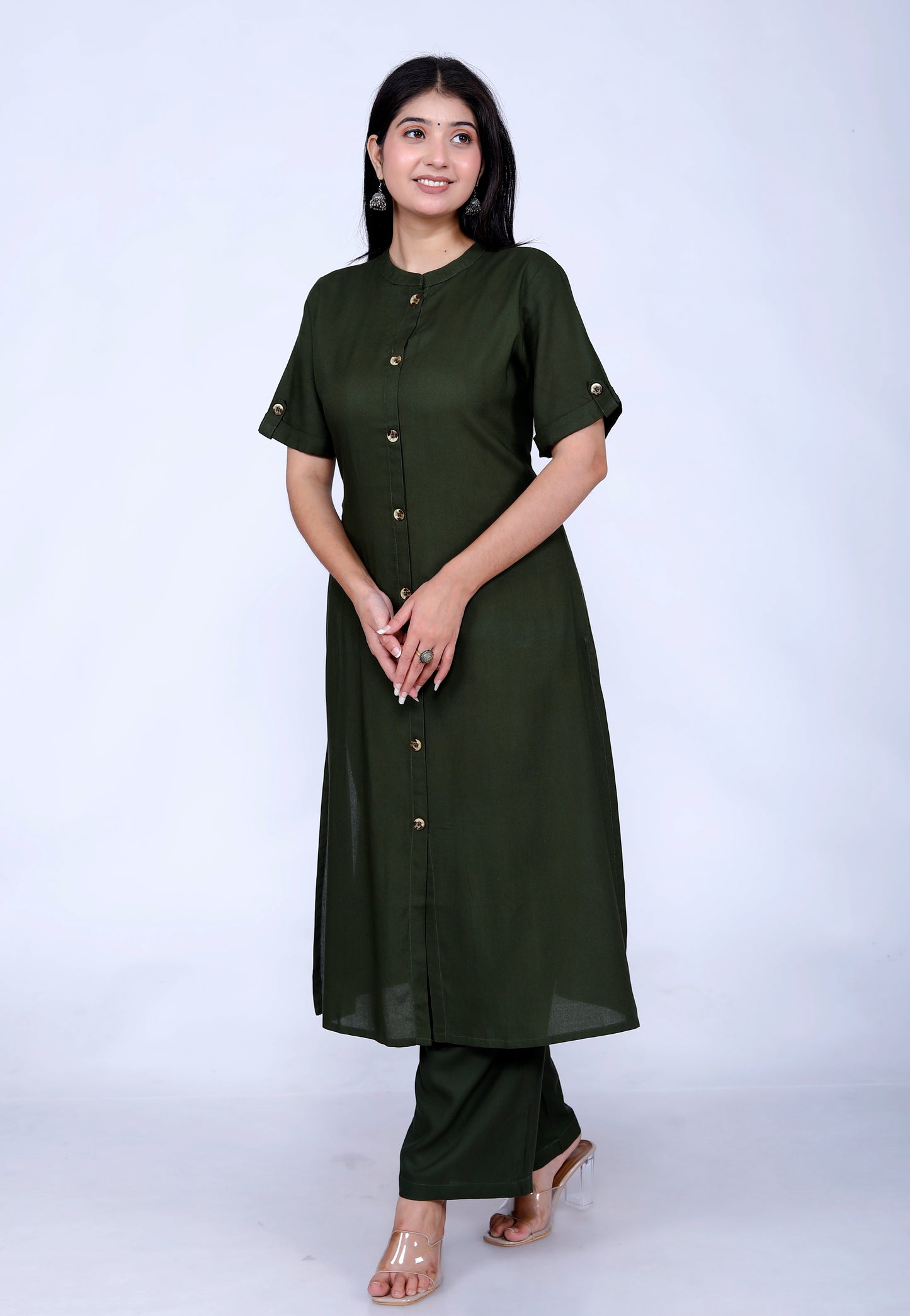 Sakura Olive Co-Ord Set with Pocket Kurta & Palazzo