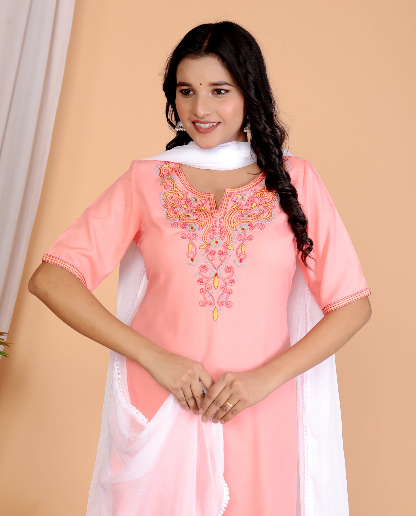 Women's Peach Pink Embroidered Kurta Set in 100% Liva Viscose Rayon Staple – 3-Piece Ethnic Set with Palazzo & Dupatta