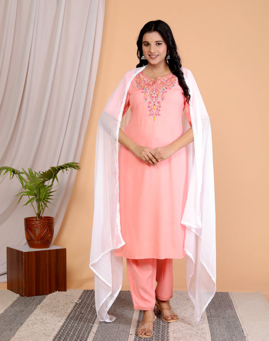 Women's Peach Pink Embroidered Kurta Set in 100% Liva Viscose Rayon Staple – 3-Piece Ethnic Set with Palazzo & Dupatta