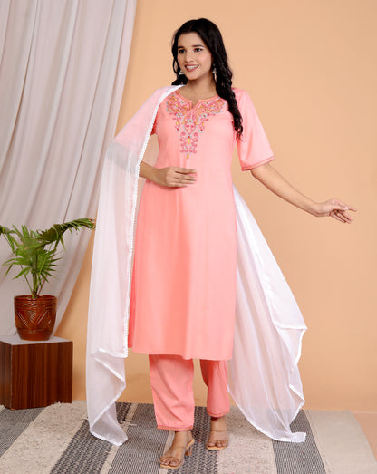 Women's Peach Pink Embroidered Kurta Set in 100% Liva Viscose Rayon Staple – 3-Piece Ethnic Set with Palazzo & Dupatta