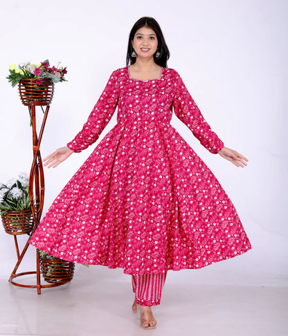 Sakura Women's Pink Cambric Cotton Ajrak-Inspired Anarkali Kurta Set with Dupatta and Pants