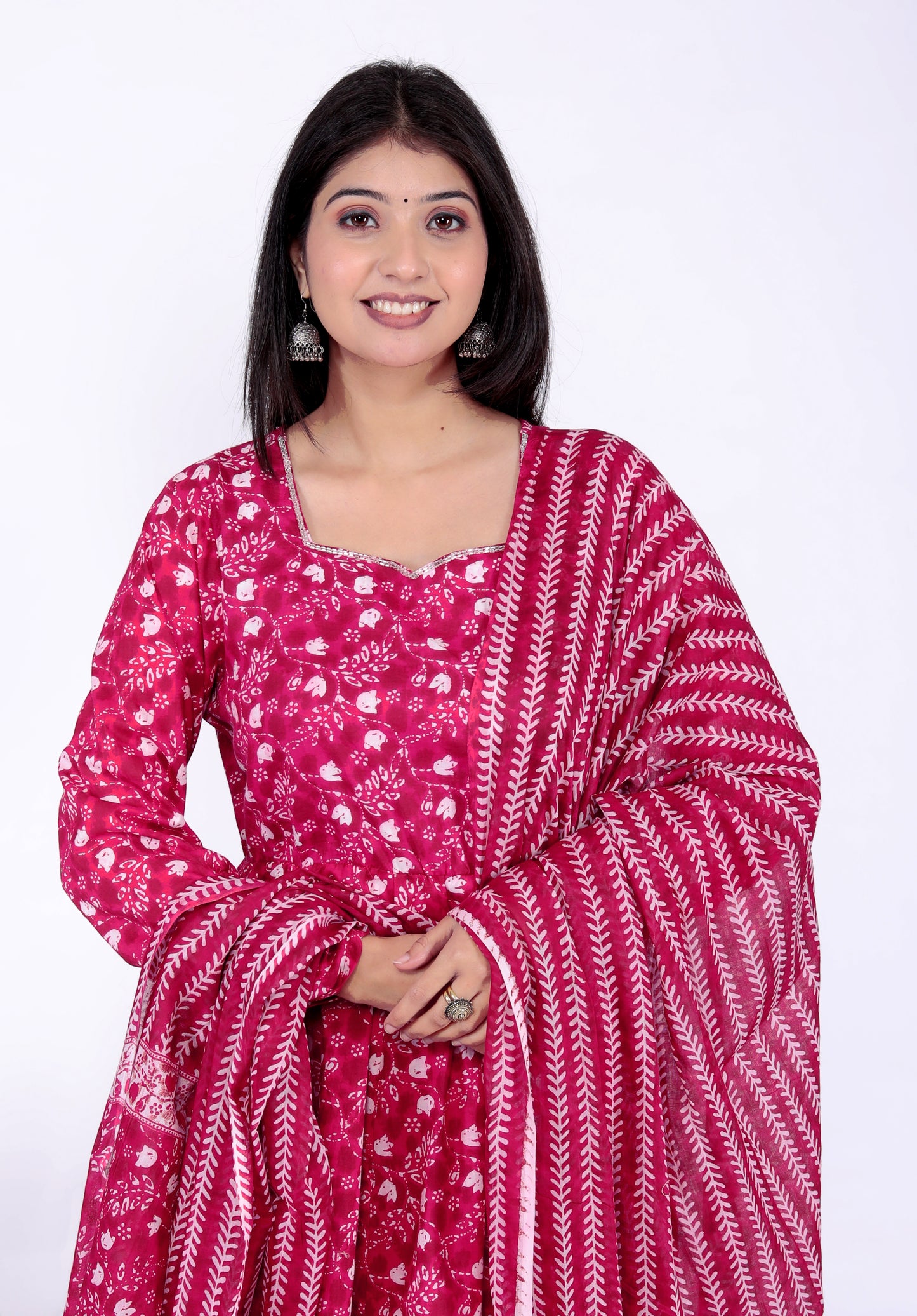 Sakura Women's Pink Cambric Cotton Ajrak-Inspired Anarkali Kurta Set with Dupatta and Pants