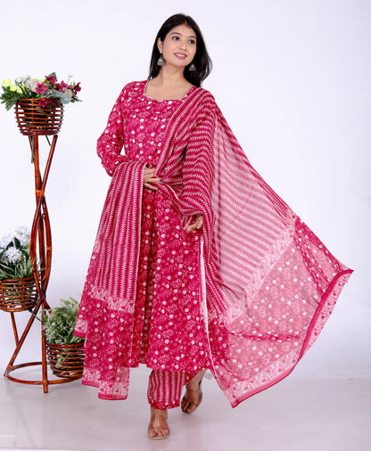 Sakura Women's Pink Cambric Cotton Ajrak-Inspired Anarkali Kurta Set with Dupatta and Pants