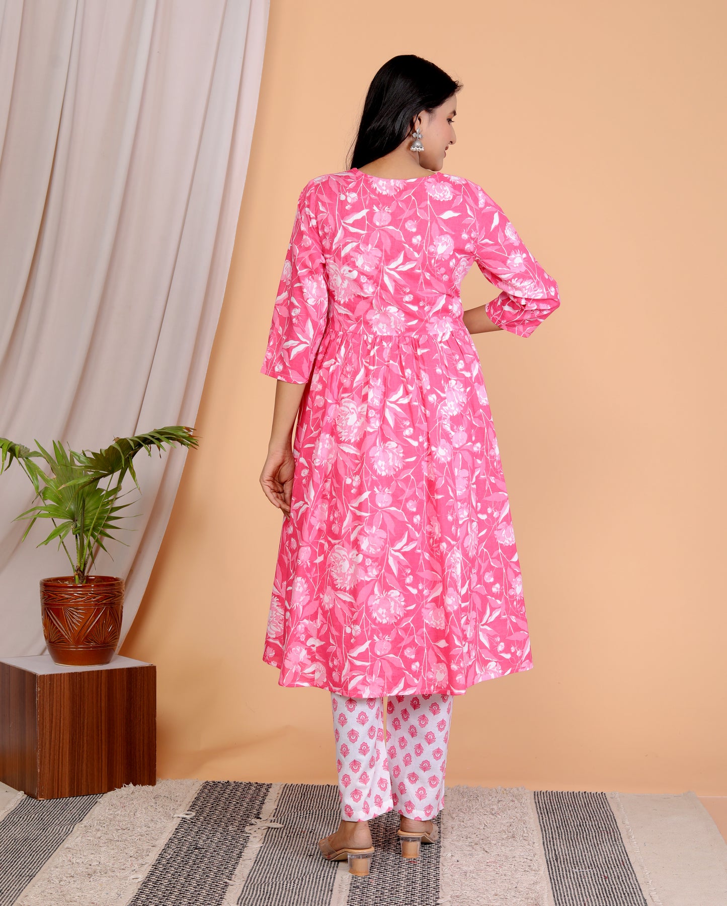 Pink Floral Print 3-Piece Anarkali Suit Set with Hand Embroidered Yoke