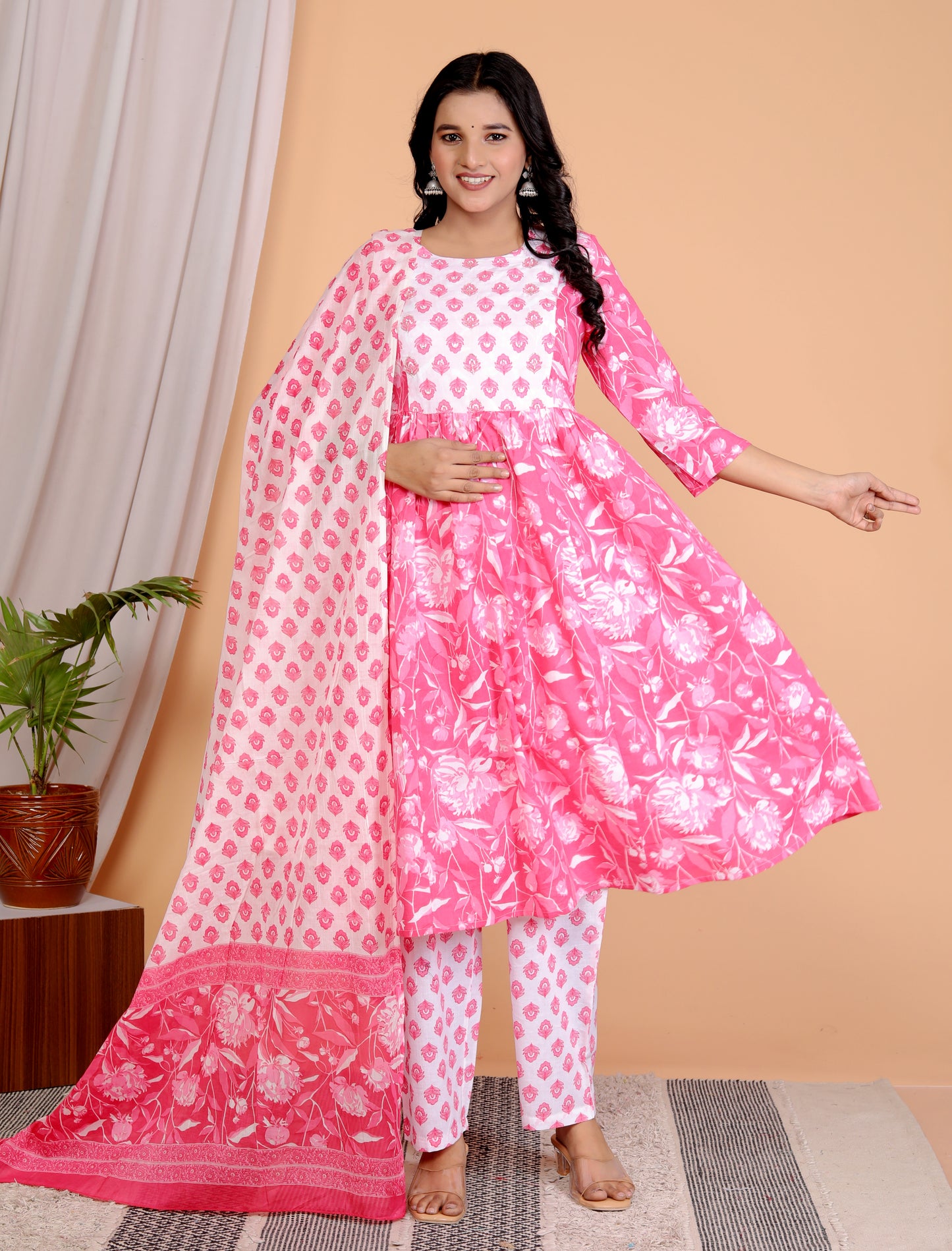 Pink Floral Print 3-Piece Anarkali Suit Set with Hand Embroidered Yoke