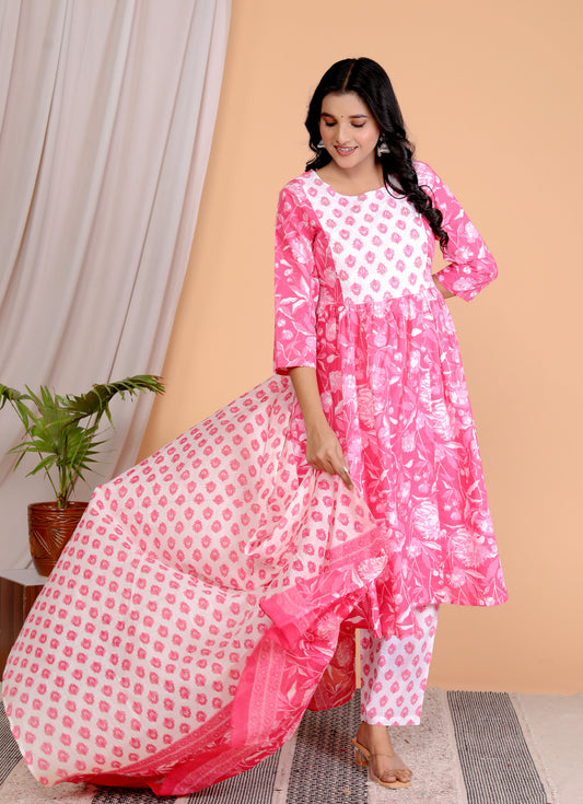 Pink Floral Print 3-Piece Anarkali Suit Set with Hand Embroidered Yoke