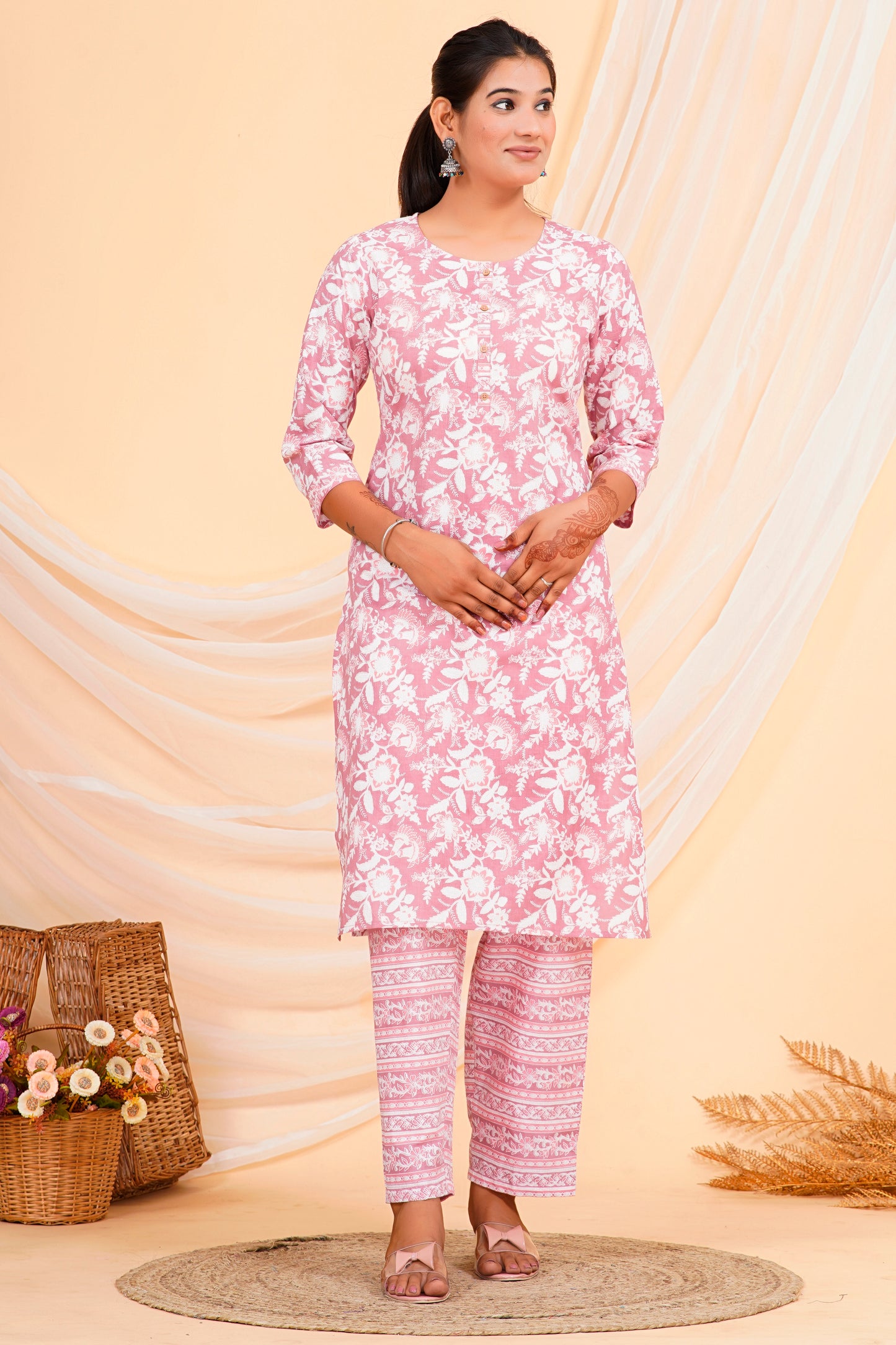 Pink Floral Print Straight-Cut Cotton Kurta Palazzo Set for Women – 100% Cambric Cotton