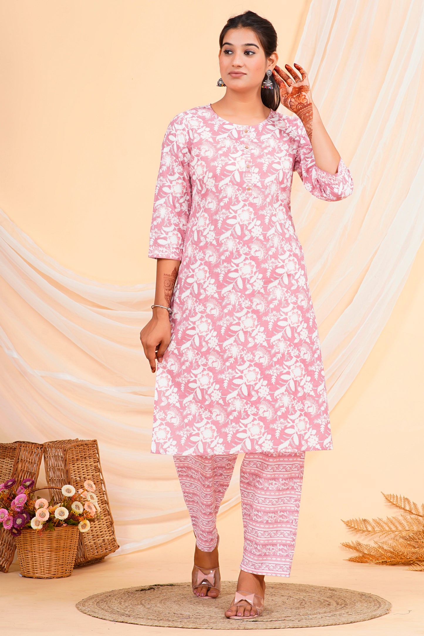 Pink Floral Print Straight-Cut Cotton Kurta Palazzo Set for Women – 100% Cambric Cotton