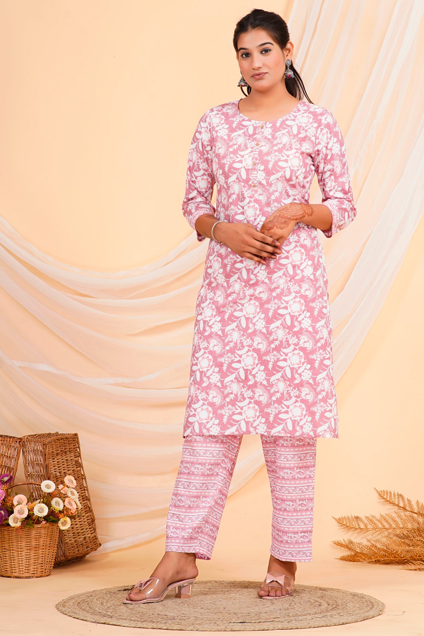 Pink Floral Print Straight-Cut Cotton Kurta Palazzo Set for Women – 100% Cambric Cotton