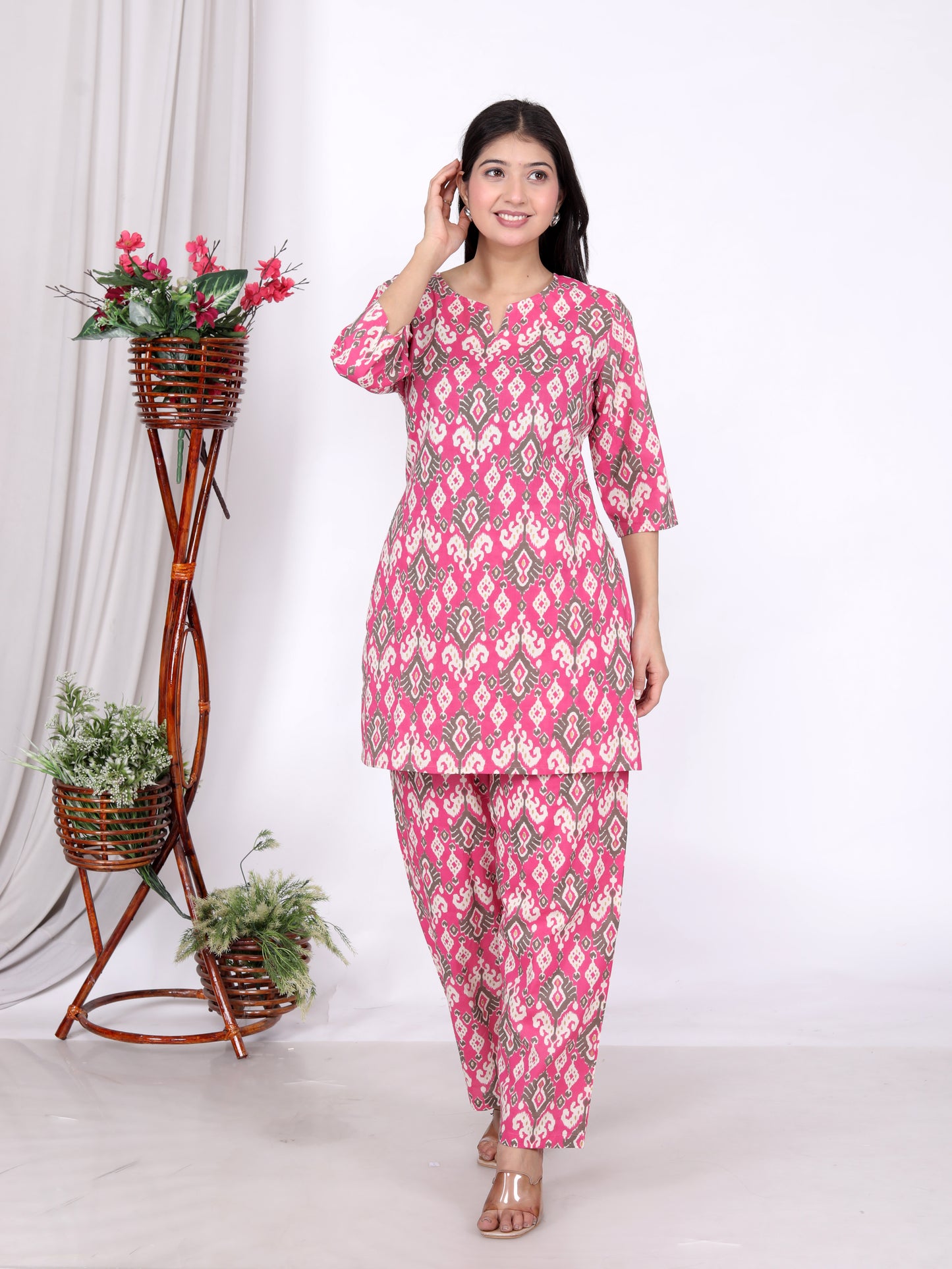 Pink Ikat Print Cotton Kurta Set with Pockets | Stylish & Comfortable Co-Ord Set