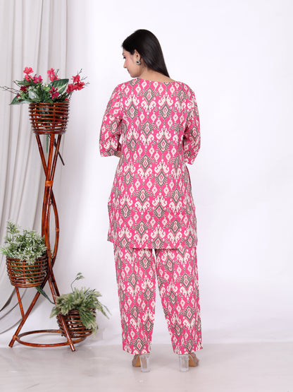 Pink Ikat Print Cotton Kurta Set with Pockets | Stylish & Comfortable Co-Ord Set