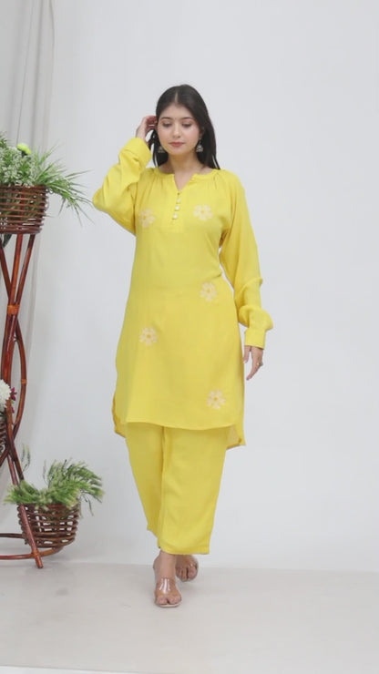 Sakura Women's Yellow Floral Embroidered Liva Rayon Crepe Two-Piece Kurta and Pant Set