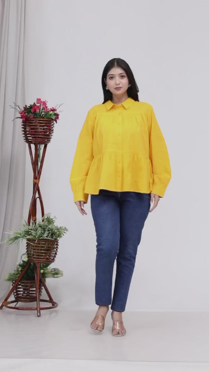 Yellow Button-Up Peplum Top in 100% Cambric Cotton – Trendy & Comfortable Everyday Wear