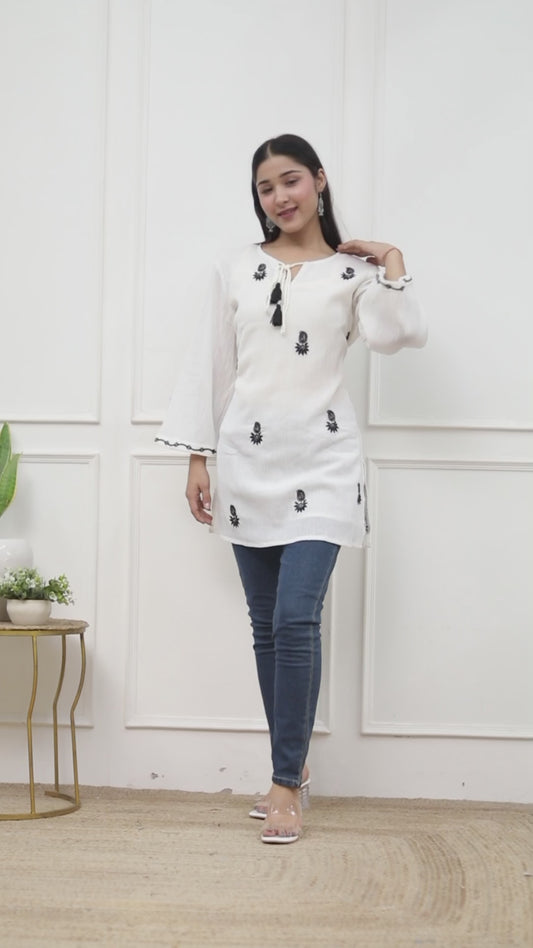 Sakura Women's White Cotton Crepe Embroidered Tunic with Tassel Tie-Up