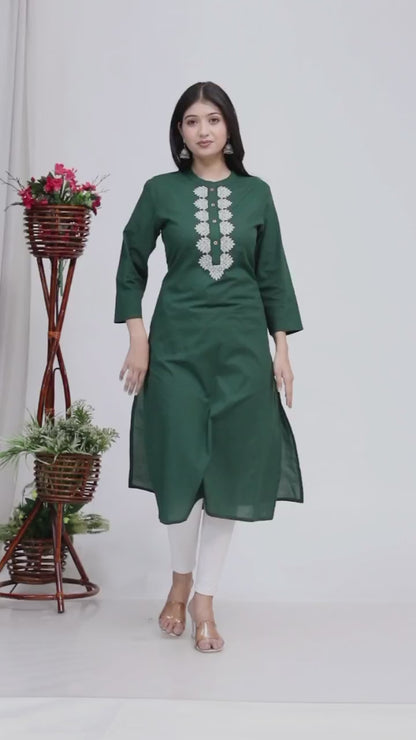 Sakura Women's Dark Green Cambric Cotton Kurti with Intricate Thread Embroidery