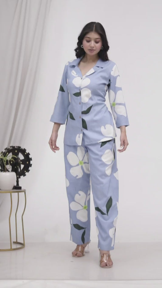 Sakura Women's Blue Floral Co-ord Set | Relaxed Fit 2-Piece Outfit in 100% Liva Rayon