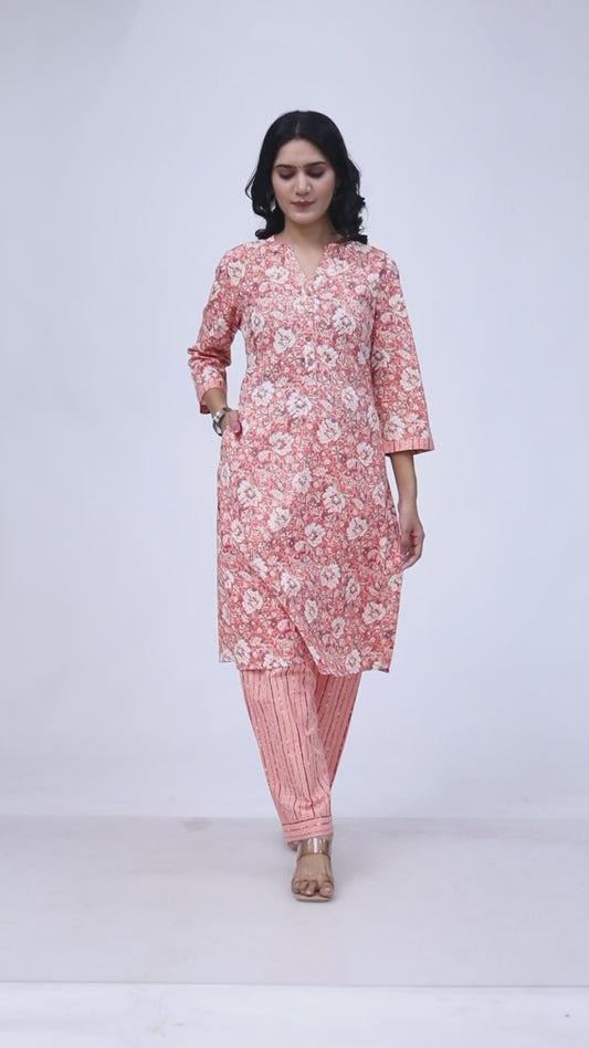 Sakura Floral Print 100% Cotton Straight Kurta with Palazzo Set for Women – Cambric Cotton, Pocket Design, Comfortable Fit