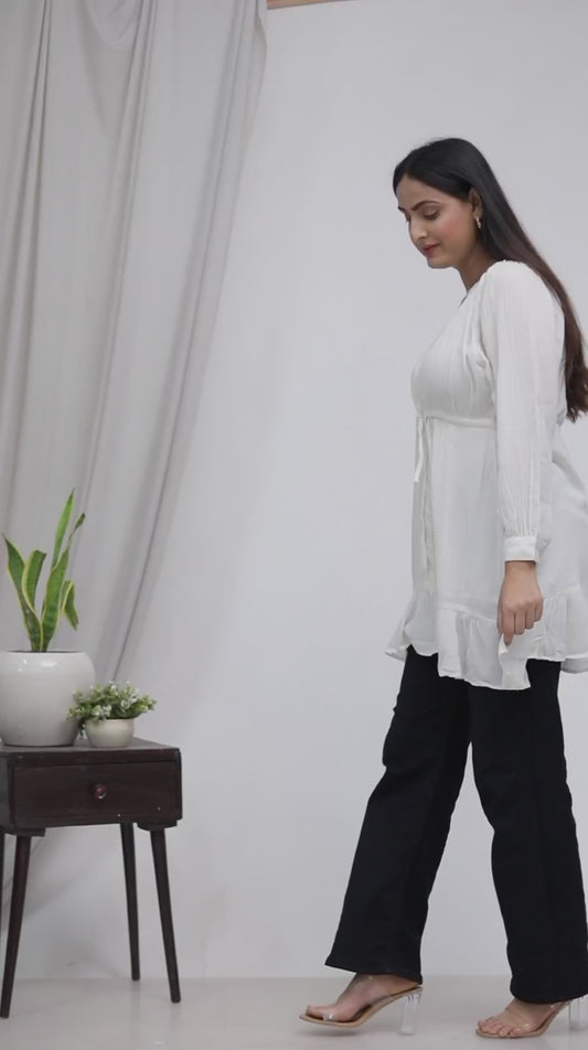 Sakura Women's White Rayon Crepe Top with Lace Detail, Waist Tie-Up & Cotton Lining