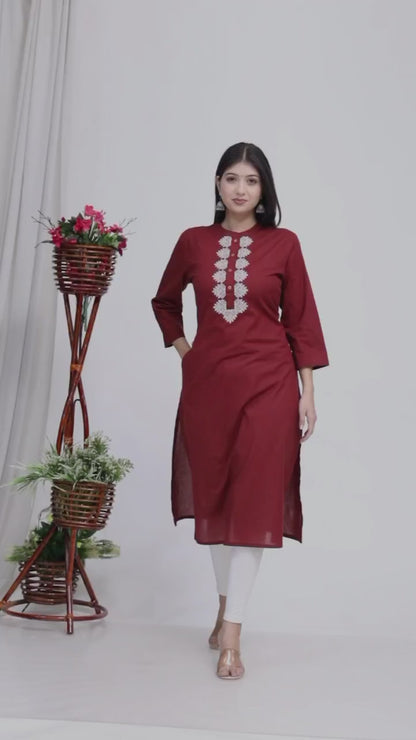 Sakura Women's Maroon Cambric Cotton Kurti with Intricate Thread Embroidery