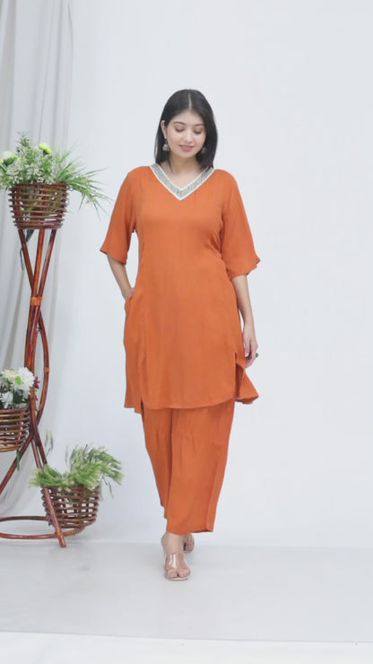 Rust Two-Piece Set in 100% Liva Rayon Crepe – Elegant Top & Bottomwear