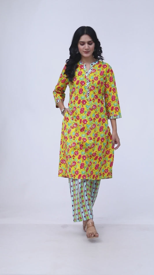 Sakura Bright Floral Straight-Cut Kurta with Matching Palazzo Set - 100% Cambric Cotton