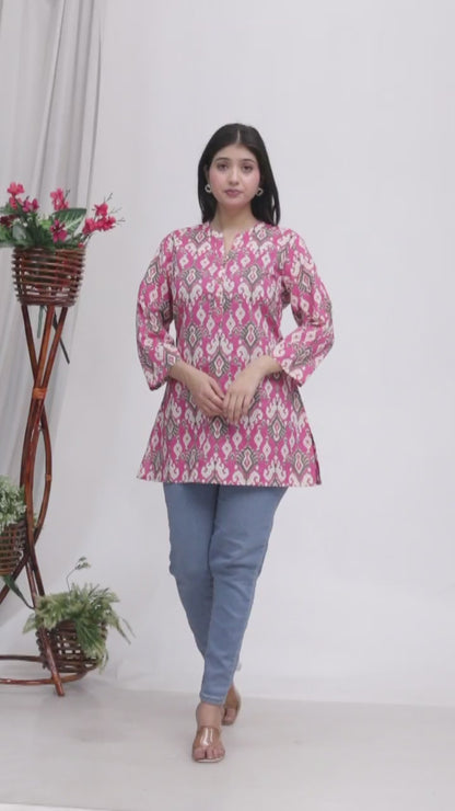 Sakura Pink Ikat Printed Cotton Kurti – Elegant & Comfortable Everyday Wear