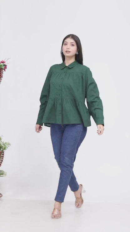 Women's Stylish Dark Green Peplum Shirt - 100% Cambric Cotton | Casual & Formal Wear"