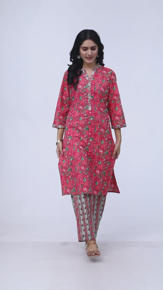 Sakura Women's Floral Print Cotton Kurta & Striped Palazzo Set with Pockets - 100% Cambric Cotton