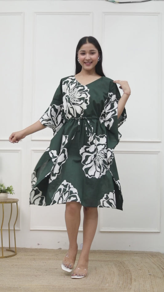 Sakura Women's Green Floral Kaftan Dress | 100% Cambric Cotton | V-Neck with Waist Tie