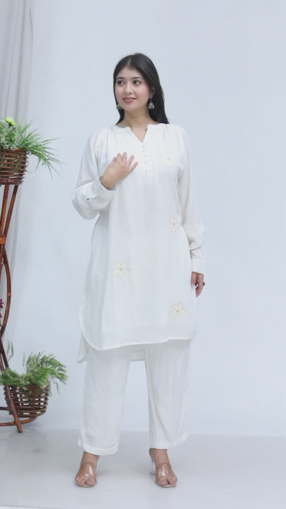 Sakura Women's White Floral Embroidered Liva Rayon Crepe Kurta and Pant Set with 100% Cotton Lining