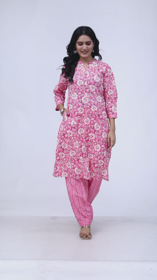 Sakura Women's Pink Floral Print Cotton Kurta & Striped Palazzo Set with Pockets - 100% Cambric Cotton