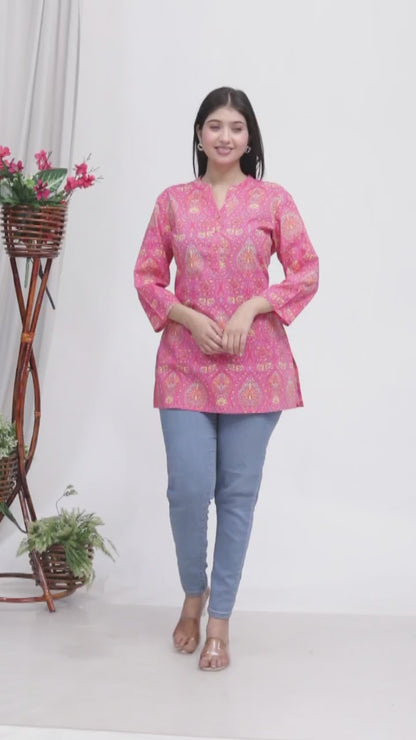 Sakura Women's Pink Printed Cotton Kurti – 100% Cambric Cotton, Stylish & Comfortable Daily Wear