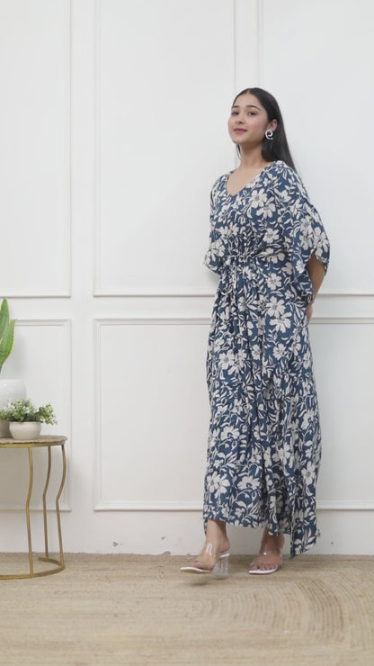 Sakura Women's Navy Blue & Ivory Floral Print Kaftan Dress in Liva Rayon Crepe