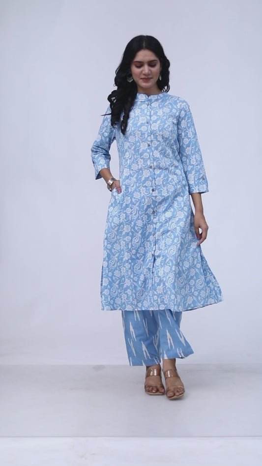 Women’s Sky Blue Floral Cambric Cotton Princess Cut Kurta Set with Palazzo – Pocket-Friendly Ethnic Wear for Casual & Festive Looks