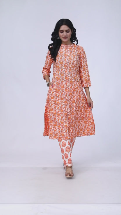 Sakura Women's 100% Cambric Cotton Princess Cut Kurta with Palazzo Set – Orange Floral Print